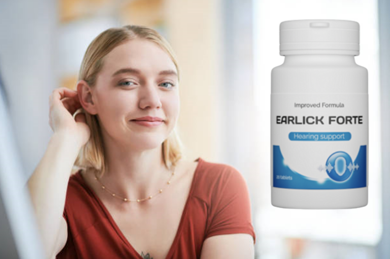 Una donna con un'espressione sicura di sé si tiene l'orecchio accanto a una bottiglia di Earlick Forte, un integratore per l'udito che aiuta a prevenire la perdita dell'udito, migliora la sensibilità ai suoni e favorisce il benessere uditivo in modo naturale.