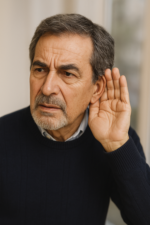 Un uomo maturo con un'espressione pensierosa si porta la mano all'orecchio, indicando difficoltà uditive. L'immagine illustra uno dei principali sintomi trattati da Earlick Forte, un integratore naturale sviluppato per migliorare l'udito, ridurre l'acufene e favorire la salute dell'orecchio. Ideale per contenuti su perdita dell'udito, acufene e benessere uditivo.