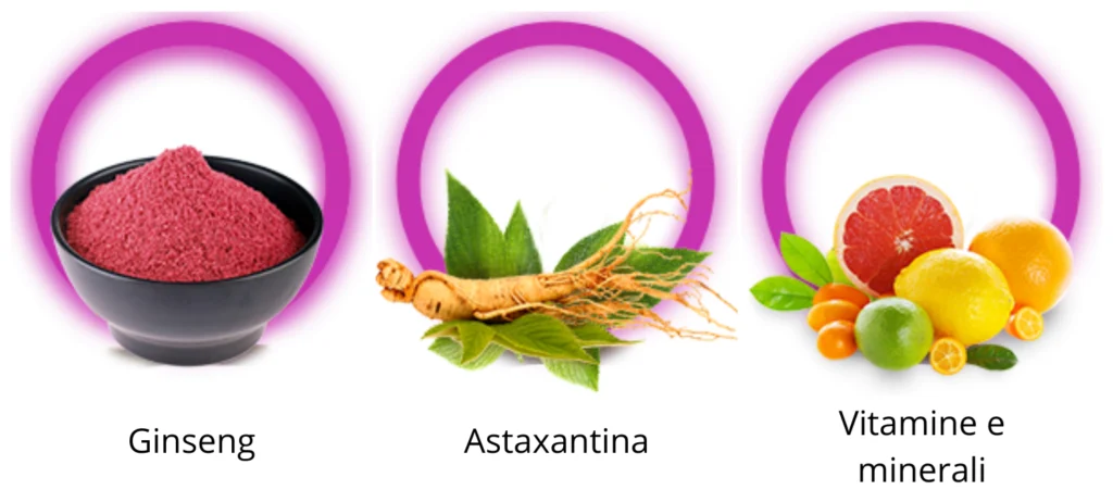Immagine che mostra i principali ingredienti naturali di Earlick Forte: ginseng, astaxantina, vitamine e minerali. Questa combinazione aiuta a stimolare la circolazione sanguigna, proteggere le cellule uditive e rafforzare il sistema nervoso uditivo, favorendo un udito più chiaro e sano.