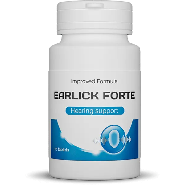 Immagine di Earlick Forte, una formula avanzata per un supporto naturale dell'udito. Il flacone bianco contiene 20 compresse studiate per migliorare l'udito, ridurre l'acufene e rafforzare la salute dell'orecchio interno. Earlick Forte combina ingredienti naturali che stimolano la circolazione e favoriscono un udito più chiaro e nitido. Ideale per chi cerca sollievo dall'acufene e prevenzione della perdita dell'udito legata all'età.