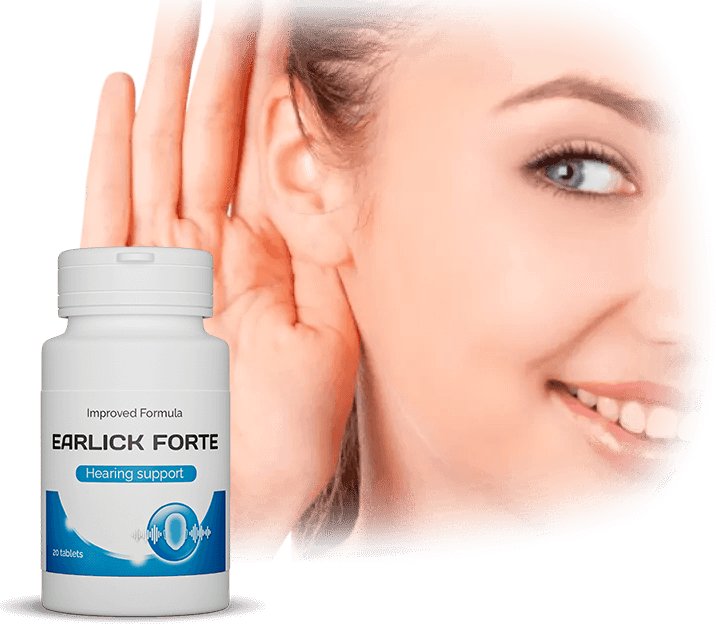 Donna sorridente che si tocca l'orecchio accanto a Earlick Forte, un integratore naturale che migliora l'udito e riduce l'infiammazione dell'orecchio. Ideale per chi cerca un udito pulito e la salute delle orecchie con una formula sicura ed efficace.